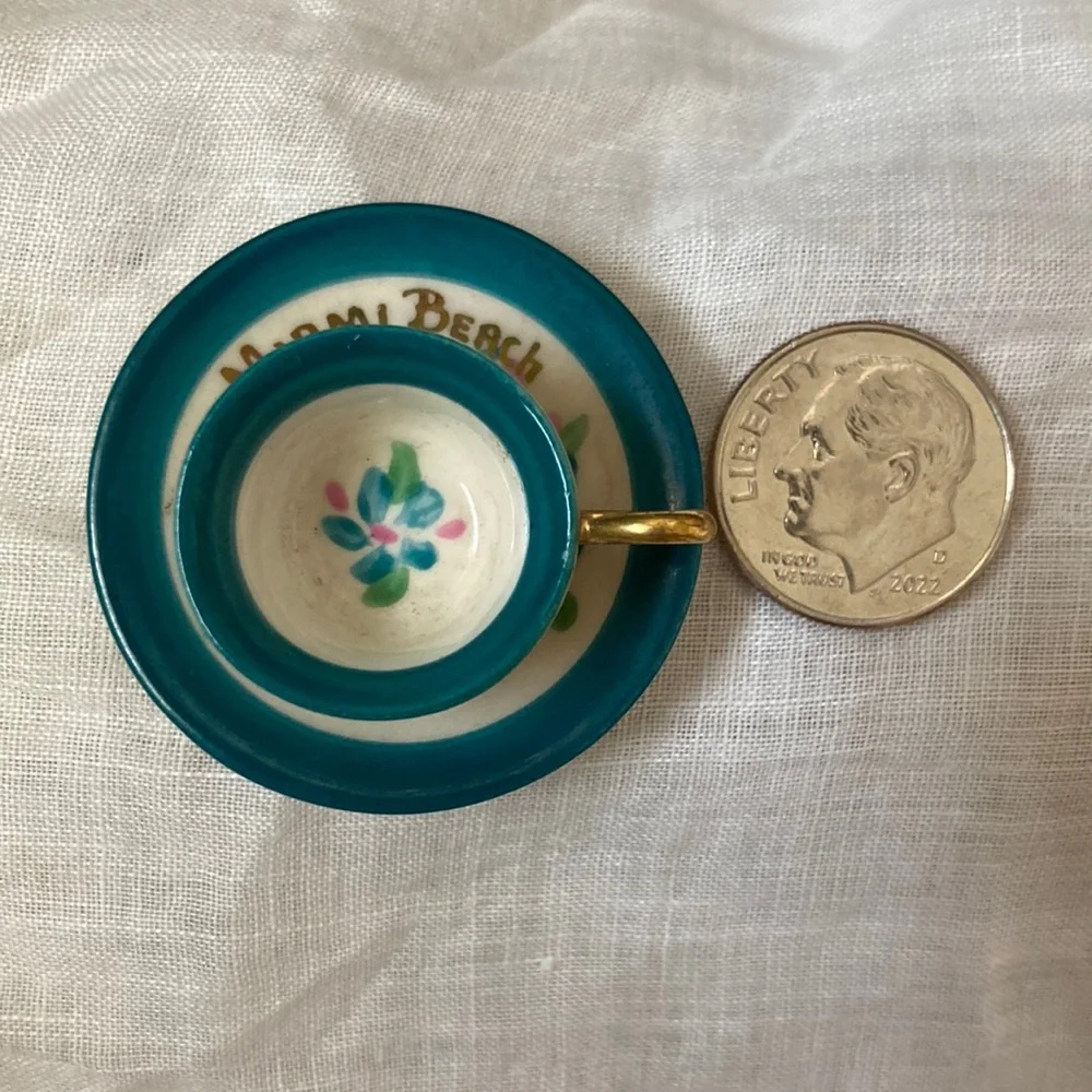 Vintage tiny cup and saucer, souvenir of Miami Beach, Rose Crown bone China